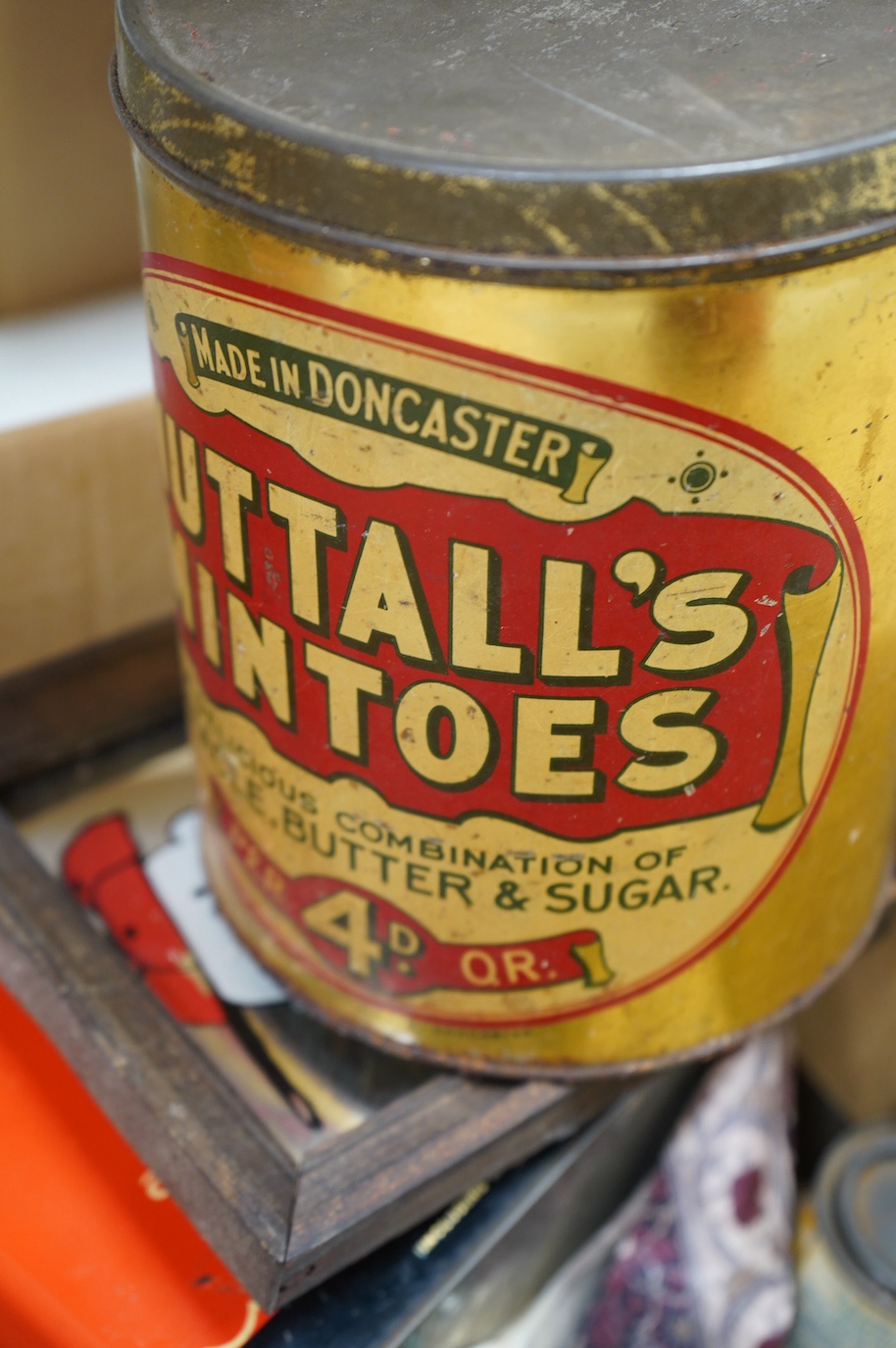 Eight mid 20th century branded product tins, some decorative, various cigarette and other packaging. Condition - poor to fair